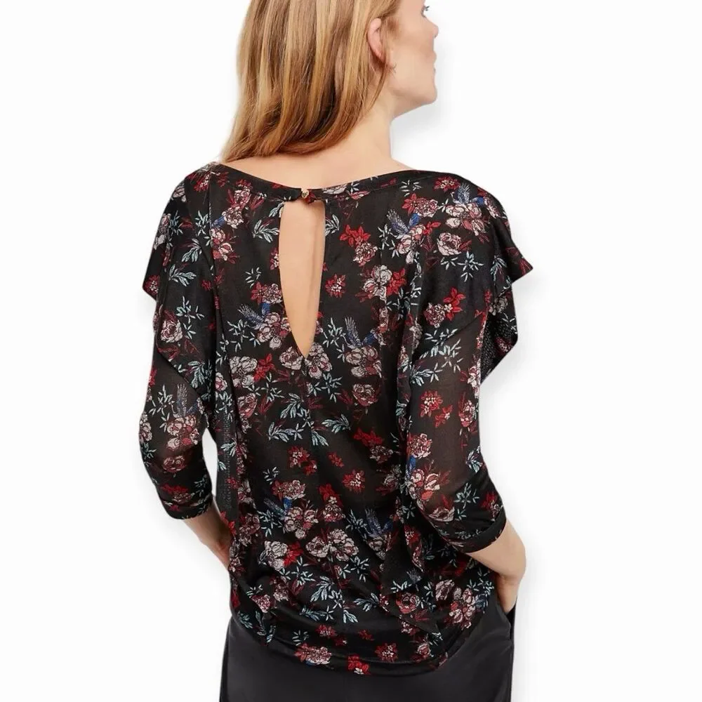 Free People XS Black Floral 3/4 Sleeve Keyhole Back Relaxed Boho Top